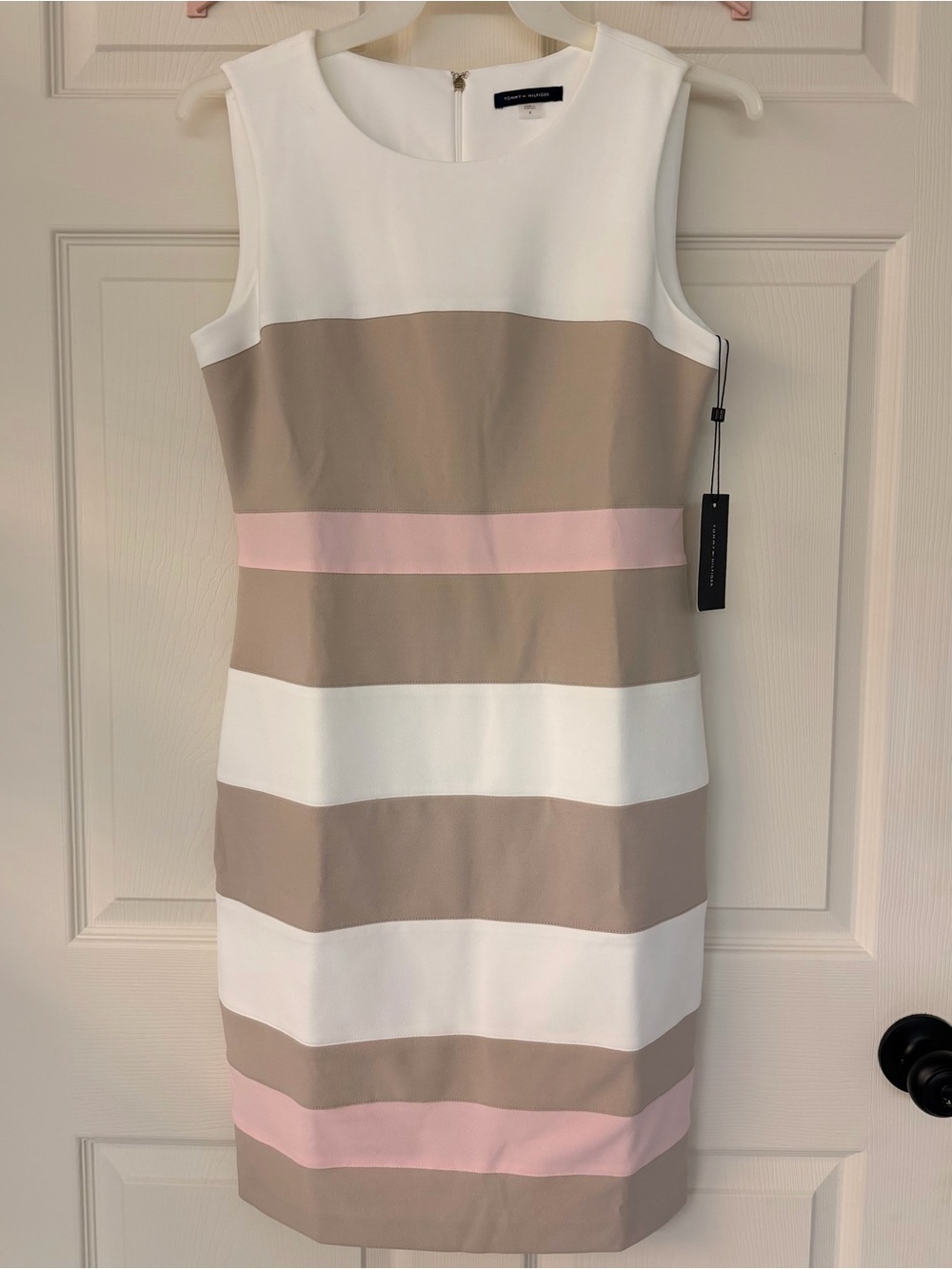 Tommy Hilfiger Sleeveless Striped Midi Dress in White, Taupe & Pink